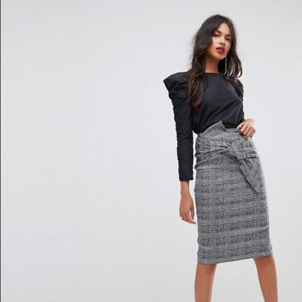 River Island Check Bow Detail Pencil Skirt - Picture 1 of 4